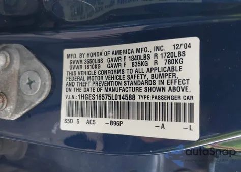 2005 Honda Civic Lx из США, поврежденный, VIN 1HGES16575L014588